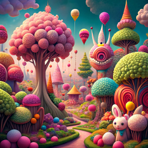 cheerful forest, giant candy trees, flying rabbits and creatures