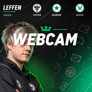 Promotional image for a Twitch stream featuring the gaming star Leffen. The background is a dynamic blend of black and green hues, with an array of gaming icons and sponsor logos like Logitech, Legion, Grubhub, and Geico. 'Webcam' prominently displayed