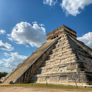 Step Pyramid of El Castillo at Chichen Itza. Stone structure with intricate carvings, bright blue sky, scattered clouds.