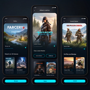 Dark-themed mobile launcher app featuring game covers and screenshots of Far Cry 4, Assassin's Creed Odyssey, and Tom Clancy's Rainbow Six Siege arranged in a grid layout.