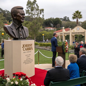 Dedication ceremony at Johnny Carson's memorial park. Bust and tributes unveiled. Festive atmosphere