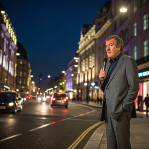 Jeremy Clarkson, wearing a tailored grey suit, standing in front of a busy London street at night. He holds a microphone and looks directly at the camera.