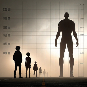 Illustration featuring shadow-like figures from the anime series Attack Titan. Large humanoid shape labeled at 60m, smaller figures with varying sizes. Grid lines create depth illusion, comparing sizes.