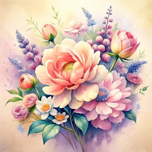 watercolor image ,Pink white Peonies Snowdrops, lobelia, clematis,salvia , carnation, Common Crape Myrtle., Ranunculus viburnum, wax flower, dandelion, geranium , watercolor , watercolor