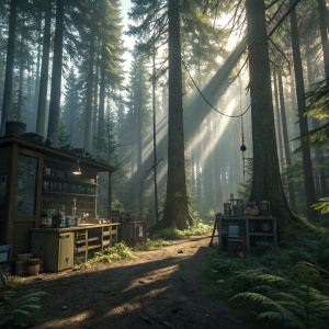 Firbog's Armory, a mysterious laboratory hidden in the heart of a dense forest. Sunlight filters through towering, enchanted trees casting magical shadows on ancient artifacts. The space is cluttered with peculiar contraptions and strange potions.