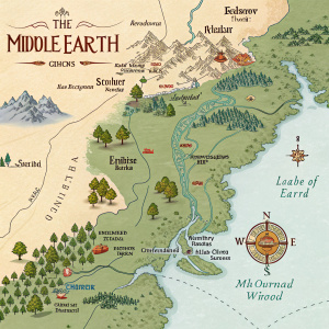 Interactive map of Middle-earth, showcasing key locations from The Hobbit series. Includes Shire, Erebor, Esgaroth, Rivendell, and Mirkwood. Features detailed descriptions and vibrant earth tones.
