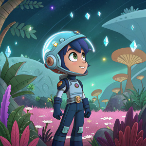 Fang, a character from Boboiboy Galaxy, standing in a vibrant alien landscape. Dark blue hair, wearing futuristic space gear.