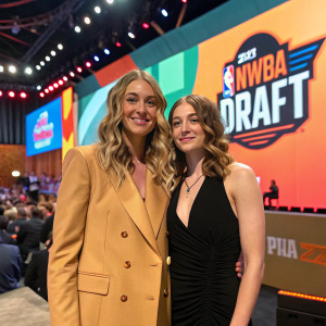 Dorka Juhasz and Lou Lopez Sénéchal at the 2023 WNBA Draft. Dorka in a stylish tan blazer. Lou in an elegant black dress. Vibrant, colorful background with the WNBA logo
