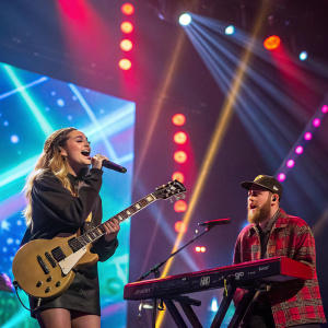 Miley Cyrus and Mac Miller performing a concert. Brightly lit stage with colorful LED lights