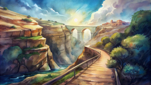 Mosta Valley in Malta hiking trail surrounded by cliff sides and a stone bridge going between the cliffs