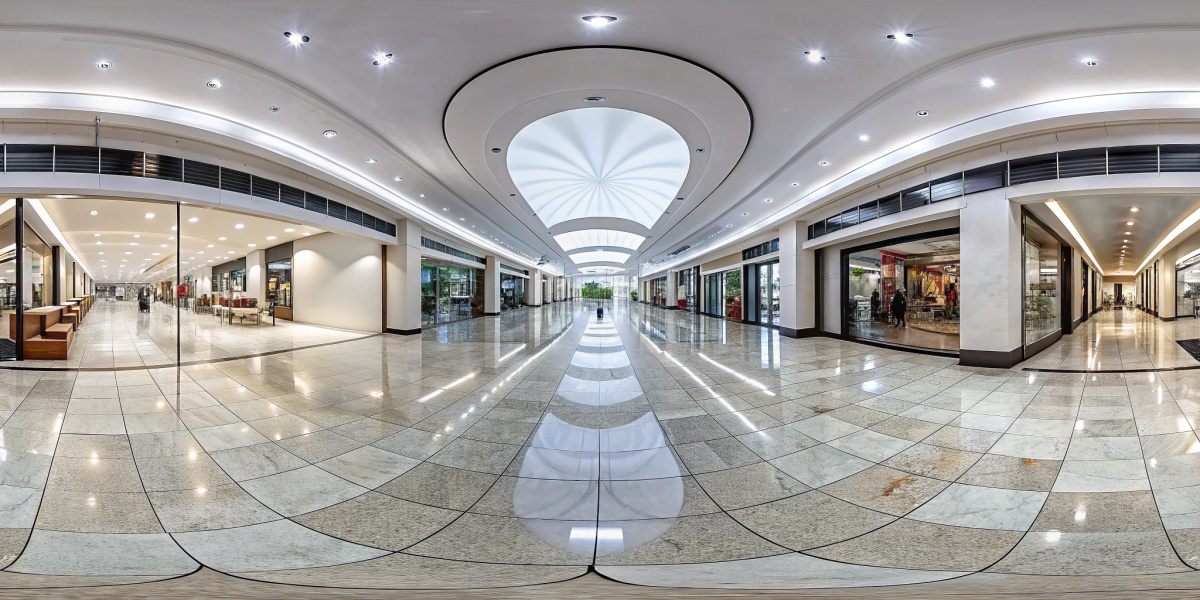 in the hallway Looking at the shopping mall panorama white marble floor ...