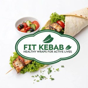 Fit Kebab logo featuring a healthy kebab with a branding slogan. Green and white color scheme