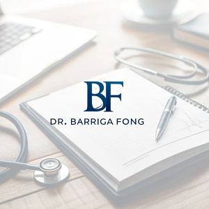 Dr. Barriga Fong's medical practice branding. Logo showcases 'BF' initials in sleek, modern font. Accentuated with varying shades of blue. Clean, minimalist design.
