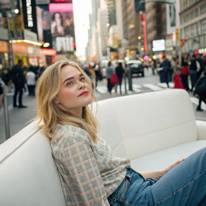 Maddie Hasson, American actress, sitting on a white sofa. The background is a bustling street filled with people.