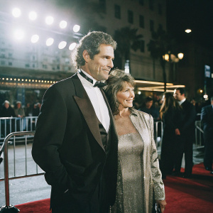 Michael Nouri and Vicki Light at a glamorous Hollywood premiere. Both dressed in designer attire. Michael in a sleek black tuxedo. Vicki in a shimmering silver gown. Flashing lights and red carpet crowd visible in the background.