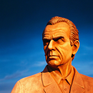 Realistic 3D render of Richard Nixon's head. Grey-scale color scheme. Serious facial expression. Dark backdrop