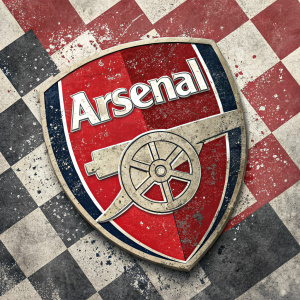 Modern design of Arsenal Football Club logo. Shield-like emblem with grungy texture, set against a checkerboard pattern background.