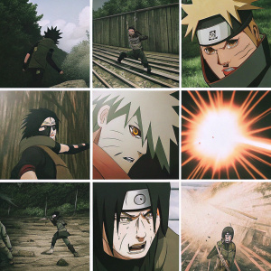 Manga-style grid layout featuring Naruto characters in dynamic action scenes. Expressive poses and intense facial expressions convey the storyline's pivotal moments.