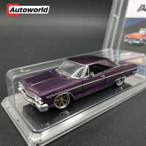 Custom 1:64 scale 1966 Chevrolet Impala SS lowrider model car. Dark purple metallic paint, showcased in clear plastic packaging. True-to-scale representation. AutoWorld brand logo prominently displayed on packaging.