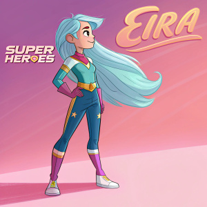 Eira, a young heroine from the Super Heroes series, stands in a vibrant, colorful setting. Her long light blue hair and form-fitting outfit are prominently featured against a gradient pink background, with text elements highlighting her character from the Super Heroes series.