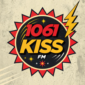 Promotional poster for 1061 KISS FM. Vibrant design with dynamic colors - black, red, and yellow. Bold text for radio show name. Textured, grungy background. Energy and excitement for the station's programming.