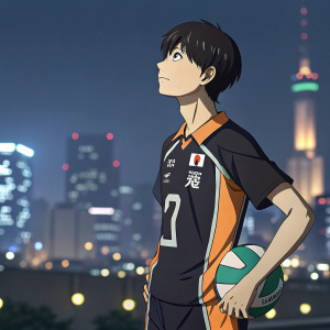 Tobio Kageyama from Haikyu!! manga, in his signature volleyball jersey, standing confidently in front of a blurred cityscape background.