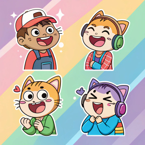 Genneko's vibrant Twitch Sticker Pack featuring an array of emotive characters. Each sticker captures unique facial expressions and dynamic poses. Set against a backdrop of soft pastel gradients, the pack highlights a range of emotions.