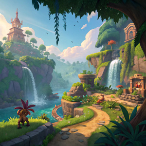 A vibrant, fantastical landscape from Crash Bandicoot 4. Lush greenery, sparkling waterfalls, and magical structures.