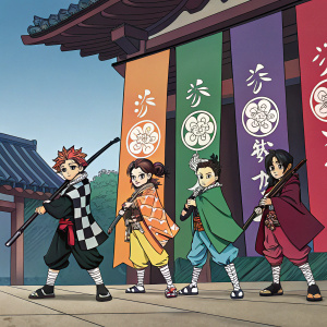 Digital illustration of 'Kimetsu no Yaiba' characters. Each figure stands distinctively, some with weapons. Vivid, anime-style colors