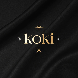 Luxurious logo design for KOKI. Modern font with custom typeface. Black background highlights elegant star-like detail. Focus on brand name.