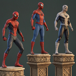 Digital art depicting various Spider-Man figures in dynamic poses, standing on ornate, textured pedestals. Each statue showcases intricate details of the character.