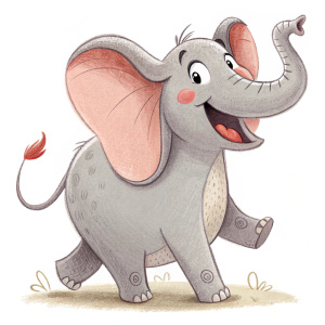 Cartoony elephant drawing. Happy elephant with big belly and long tail. Background: white