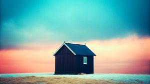 a Swedish wooden hut in a lonely landscape , very minimalistic, black background, foggy and stormy weather , style minimalistic , realistic style , wide angel photography