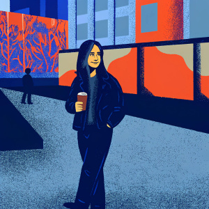 Megan Fox, wearing a black leather jacket and dark jeans, stands in a bustling city square. She is holding a coffee cup and smiling warmly. The background is filled with colorful graffiti-covered walls and vibrant street art.