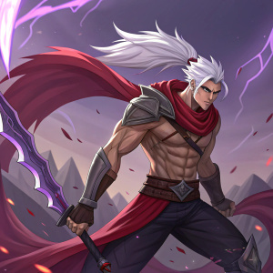 Varus, a powerful warrior, stands amidst a battlefield. His white hair cascades like a cascade of moonbeams. His expression fierce, muscles flexing under his skin, a sight that demands respect. Surrounded by his weapons, each piece a masterpiece of craftsmanship. Vibrant shades of purple and red envelop him, a dynamic aura that flickers with his vitality.