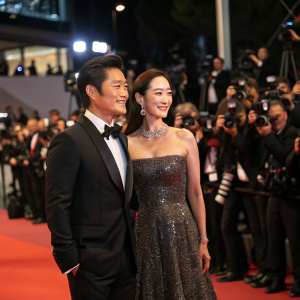 Lee Byung Hun and Choi Ji-woo at Cannes Film Festival. Red carpet, flashing cameras, crowds cheering