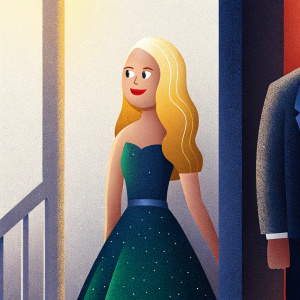 Emily Osment in a dark blue evening gown, standing against a stark white wall. Her smile is bright, her blonde hair cascading over her shoulders. Close-up shot emphasizing her face and upper body.