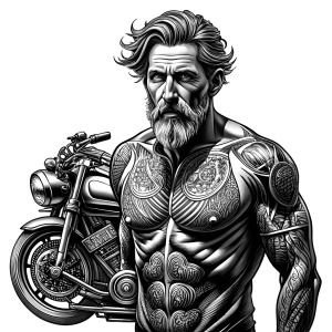 motorcycle biker tattoo design - perfect realistic art - high-definition - grey and black - white background 