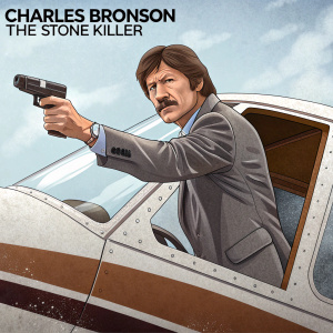 Charles Bronson, Caucasian actor with mustache, wearing a grey suit. Points a gun from an airplane cockpit. Brown and white plane. Movie poster for 'The Stone Killer'.