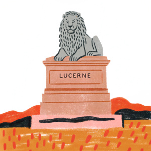 A majestic stone lion monument in Lucerne, Switzerland. The lion is depicted sitting with a Latin inscription. Gray stone texture