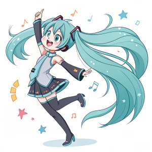 Hatsune Miku, cheerful and vibrant digital illustration. Bright and playful aesthetic. Dynamic pose, long flowing light blue hair, simple background
