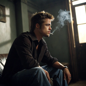 Brad Pitt, as Tyler Durden from Fight Club, smoking indoors. Dimly lit room, intense stare.