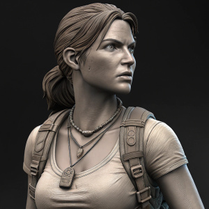 3D digital art of Chloe Frazer from Uncharted 2, sculpted by Hanno Hagedorn. Character in intense, focused pose.