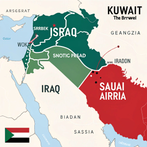 Interactive map highlighting Kuwait's strategic location in the Middle East, borders with Iraq and Saudi Arabia prominently featured.