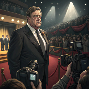 John Goodman in a formal attire, looking stern. Standing at an awards ceremony with a sea of flashing cameras.