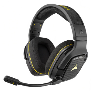 Corsair H2100 Wireless Dolby 7.1 gaming headphones. Predominantly black. Headband with textured surface, ergonomic design. Ear cushions black with yellow accents. Detachable microphone.