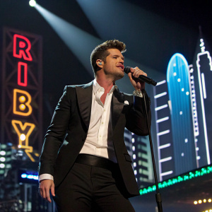 Robin Thicke performing at the Grammy Awards. Wearing a black tuxedo with white shirt. Behind him is a neon-lit cityscape. The stage lights create a spotlight effect.