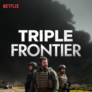 Promotional poster for 'Triple Frontier'. Stark black background, large bold white text 'Triple Frontier', Netflix logo in top corner, smaller creative logo beneath title.