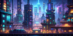 cyberpunk platformer dark night city background