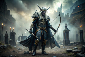 portrait photograph of a mighty fantasy elf drow unholy prince, he stepps in a black mist reaching the anckle, holds a huge (((fantasy long bow))) surrounded by mystical energy, wears black and gold fantasy epic shadow armor and magestic cloak, hude spiked mantle, scary face, long ash hair, combat stance,  fantasy undead city and graveyards background and black mist, organic translucent surface textures, luis royo, WLOP, artgerm, ayami kojima, karol bak, eye-catching movie poster, aureal numbe